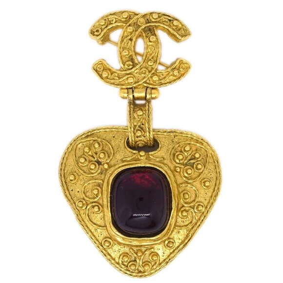 Chanel Gripoix Brooch Pin Gold Red 94A 195334 - Picture 1 of 8